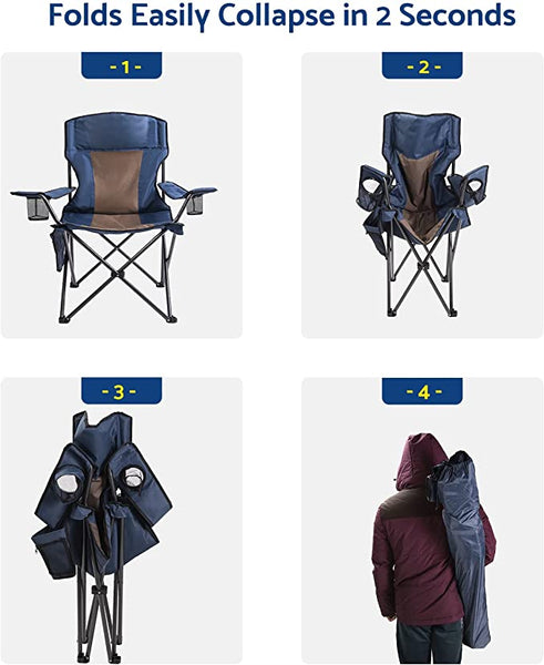 Outdoor Padded Folding Camping Chair Lawn Chair with Cup Holder,Black+Grey