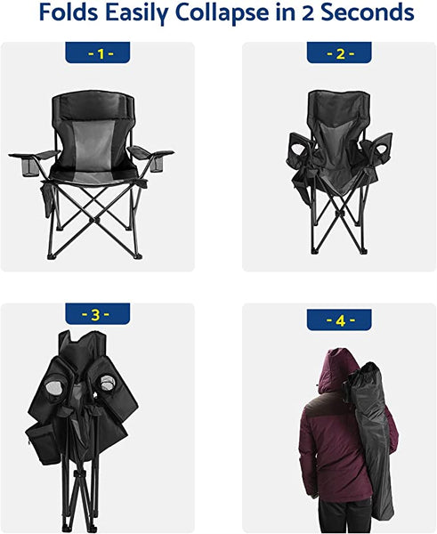 Outdoor Padded Folding Camping Chair Lawn Chair with Cup Holder,Black+Grey