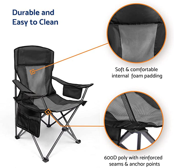 Folding Camping Chair with Large Cup Holders & Cooler , Black+Grey