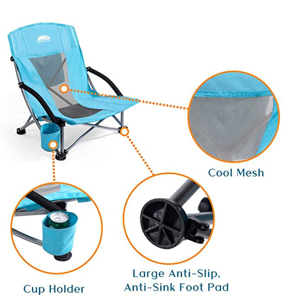 Outdoor Beach Chair Low Profile Mesh Back Folding Chair, 2 Pack, Blue