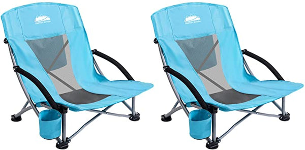 Outdoor Beach Chair Low Profile Mesh Back Folding Chair, 2 Pack, Blue