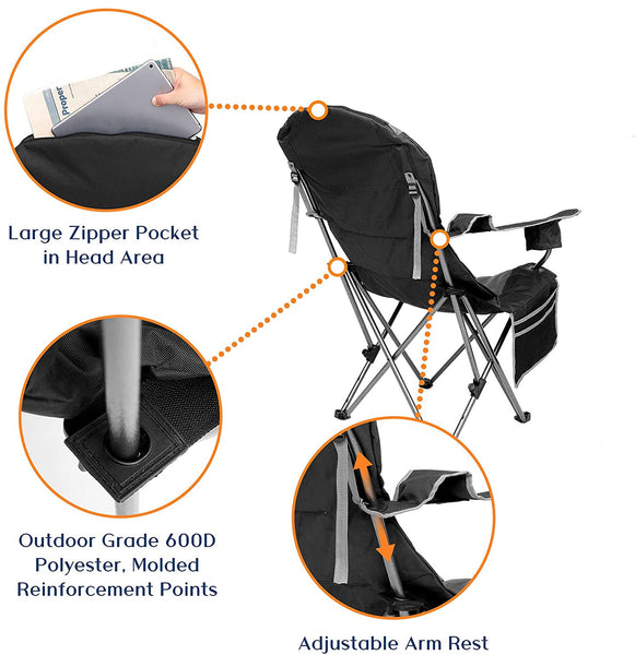 Outdoor Reclining Camping Chair 3 Position Folding Lawn Chair Supports 350 lbs, Black & Grey