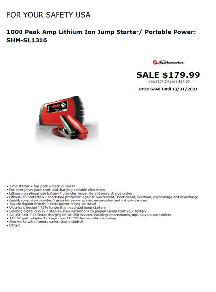 Schumacher 1000 Peak Amp Lithium Ion Jump Starter/ Portable Power