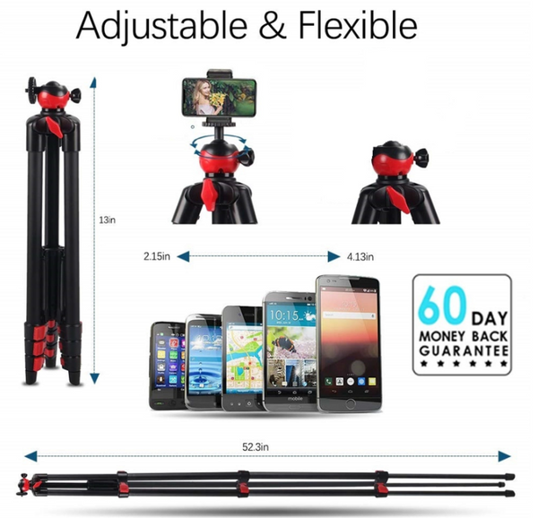 Zomei T60 Portable Tripod with Phone Clip and Bluetooth Remote Control Black Red