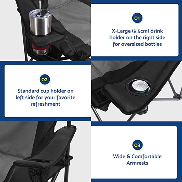 Outdoor Padded Folding Camping Chair Lawn Chair with Cup Holder,Black+Grey