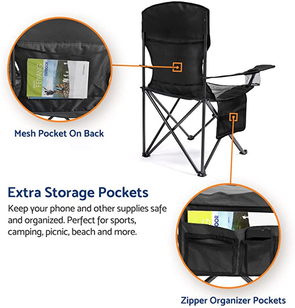 Folding Camping Chair with Large Cup Holders & Cooler , Black+Grey