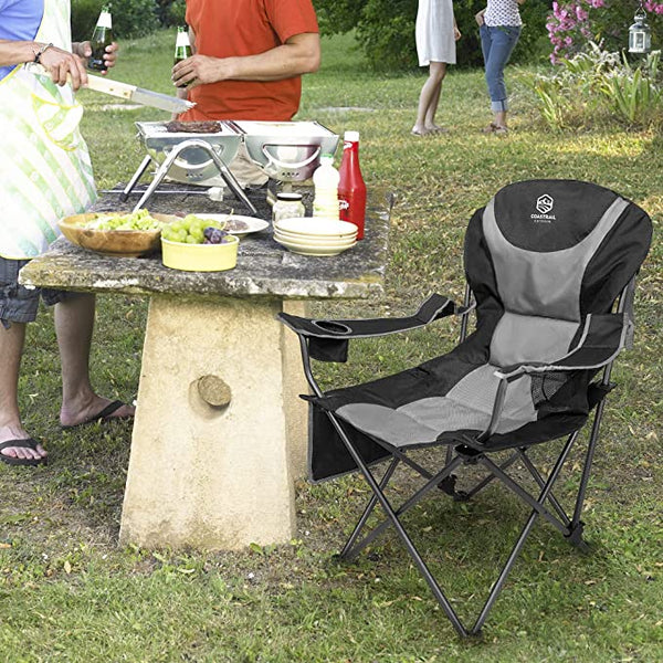 Outdoor Reclining Camping Chair 3 Position Folding Lawn Chair Supports 350 lbs, Black & Grey