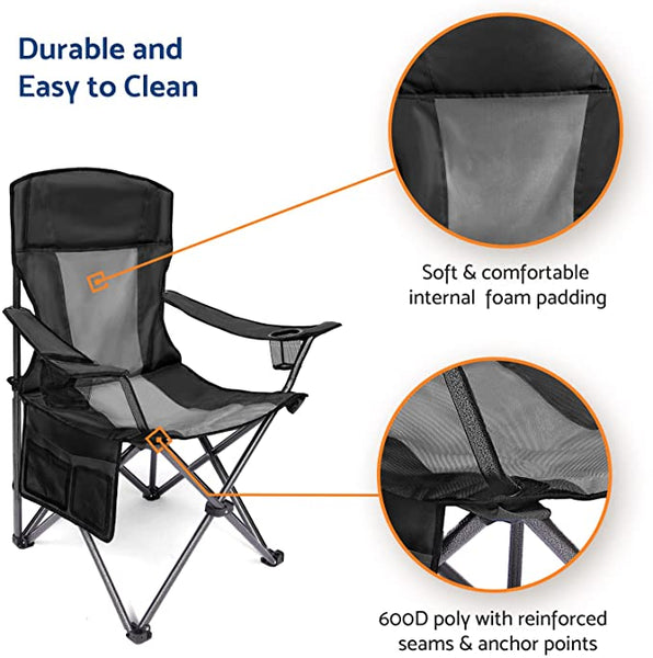 Outdoor Padded Folding Camping Chair Lawn Chair with Cup Holder,Black+Grey