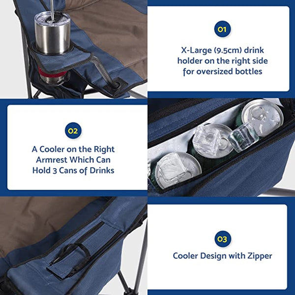 Folding Camping Chair with Large Cup Holders & Cooler , Black+Grey