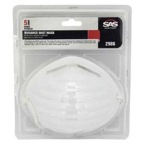 SAS Safety Nuisance 2985 Non-Toxic Dust Mask, Elastic Head Strap, White, 5/PK