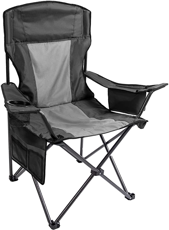 Folding Camping Chair with Large Cup Holders & Cooler , Black+Grey