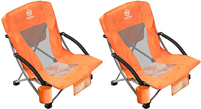 Outdoor Beach Chair Low Profile Mesh Back Folding Chair, 2 Pack, Blue