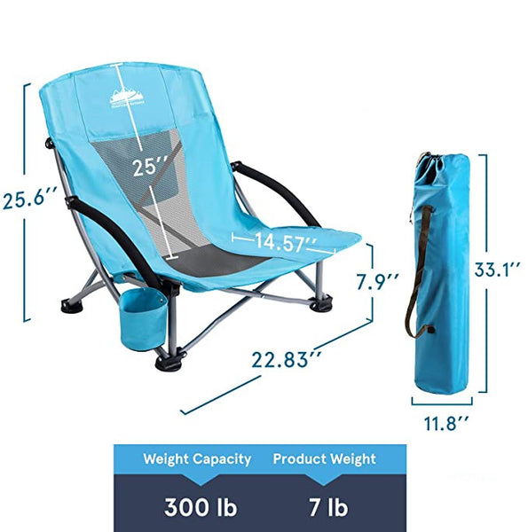 Outdoor Beach Chair Low Profile Mesh Back Folding Chair, 2 Pack, Blue