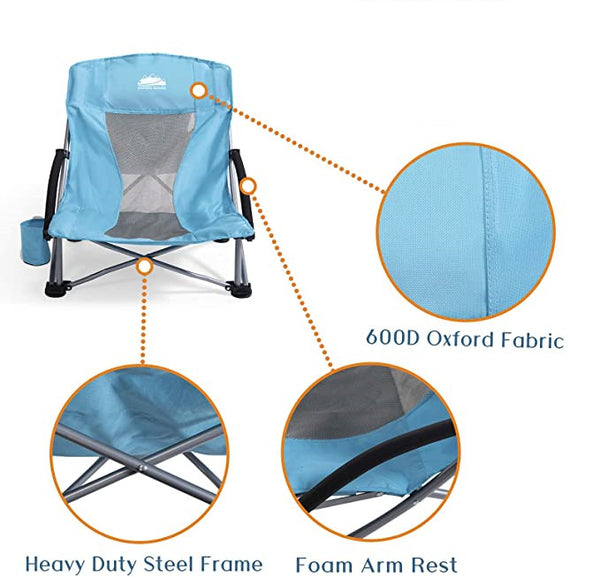 Outdoor Beach Chair Low Profile Mesh Back Folding Chair, 2 Pack, Blue