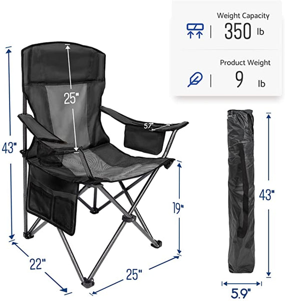 Folding Camping Chair with Large Cup Holders & Cooler , Black+Grey