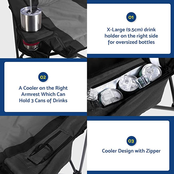 Folding Camping Chair with Large Cup Holders & Cooler , Black+Grey