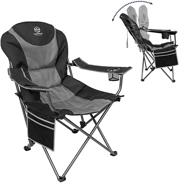 Outdoor Reclining Camping Chair 3 Position Folding Lawn Chair Supports 350 lbs, Black & Grey