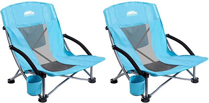 Outdoor Beach Chair Low Profile Mesh Back Folding Chair, 2 Pack, Blue