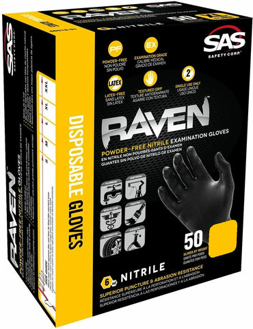 SAS Safety Raven 66519-01 XL Powder-Free Black Nitrile Disposable Gloves CASE (12 BOXES)