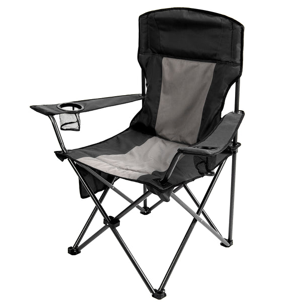 Outdoor Padded Folding Camping Chair Lawn Chair with Cup Holder,Black+Grey